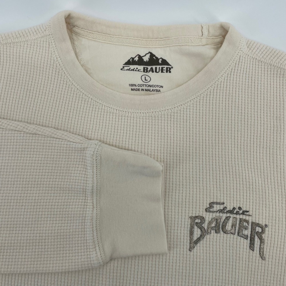 Eddie Bauer Men's Waffle Knit Thermal Shirt Cream Graphic Dog Seattle Large